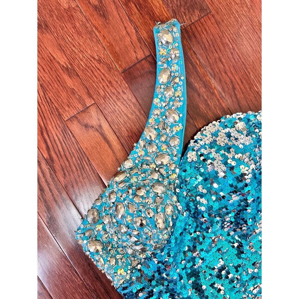 Tony Bowls Blue One Shoulder Fully Sequined Embellished Cocktail Party Dress - Picture 9 of 11